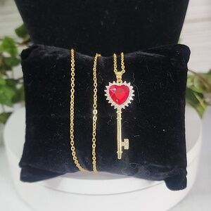 Gold Chain Necklace with Red CZ Heart Key Pendant